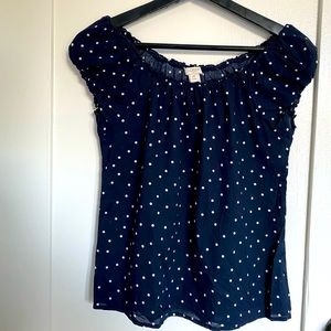 J.Crew Factory XSP Navy and White Polka Dot Ruffled Short Sleeve Blouse